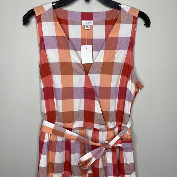 J.CREW Dress Womens 12 Faux-Wrap Sleeveless Mini NEW Orange Check Belt BR911 - Picture 2 of 16